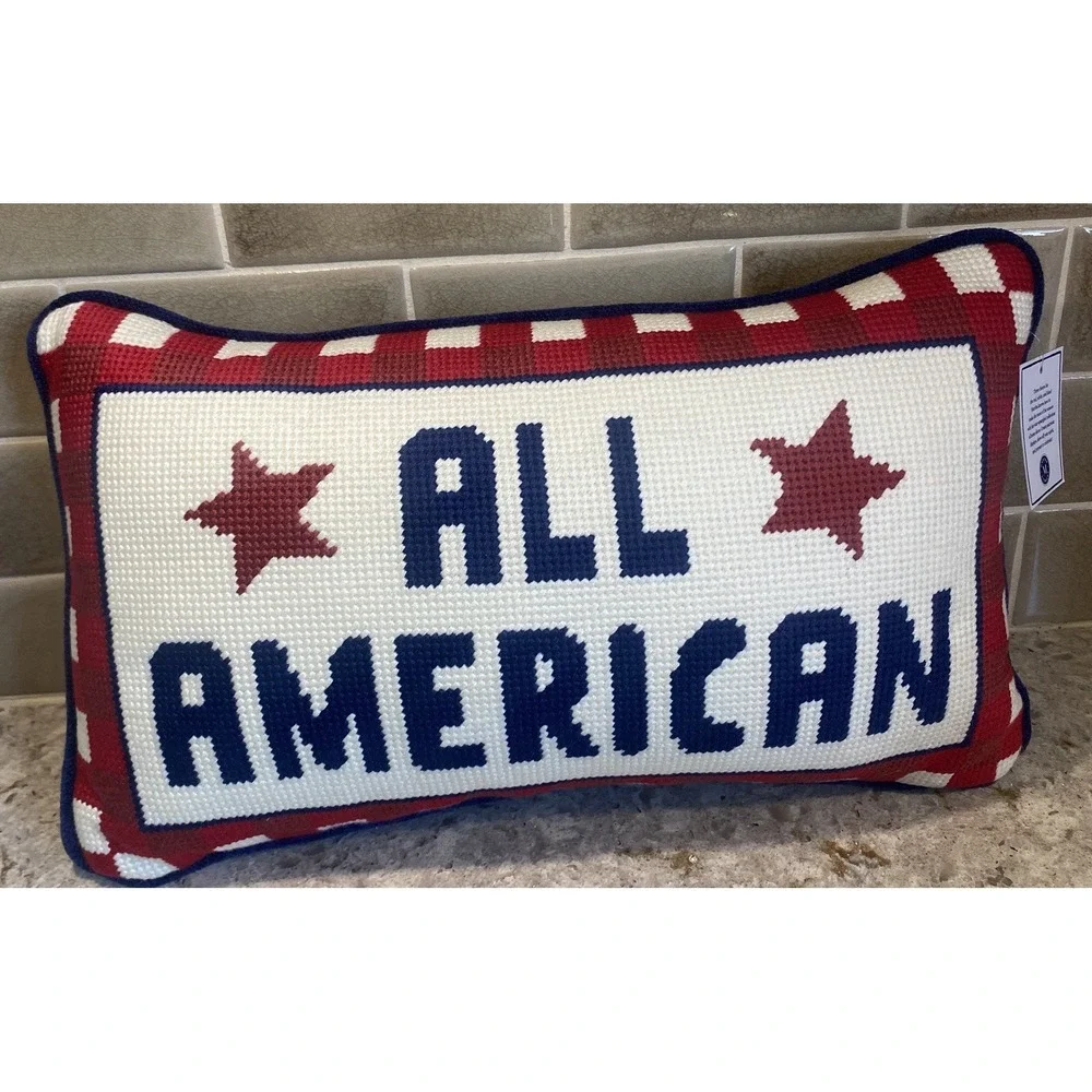 Martha Stewart All American Patriotic Needlepoint Pillow Gingham Lumbar 14x8 NWT